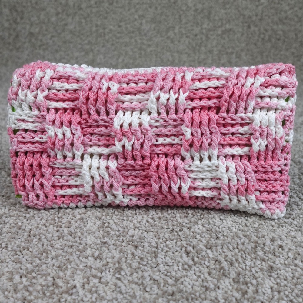 Handmade Crochet Reusable Mop Cover Pink White Basketweave Swiffer Pad